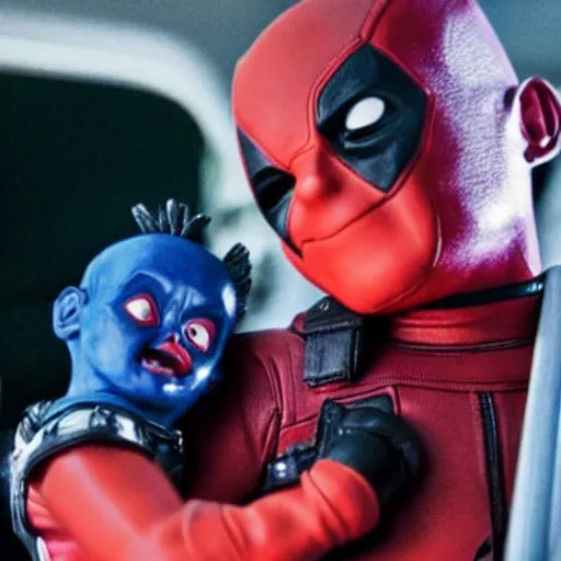 Prompt: deadpool holding chucky the killer doll from the movie child's play 8 k hdr movie still