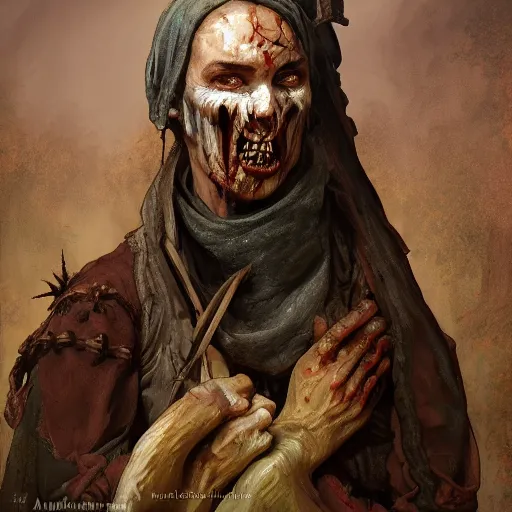 Prompt: medieval zombie peasant, D&D character, highly detailed, digital fantasy character, painted portrait, artstation, concept art, hard focus, illustration, art by artgerm and greg rutkowski and Alphonse Mucha and Craig Mullins, James Jean, Andrey Ryabovichev, Mark Simonetti and Peter Morbacher, 16k,