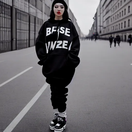 Image similar to photo of a female streetwear blogger, in 1925 berlin, photo from 2022, Fullbody color wideangle mediumshot dolly camera 4k 8k 130mm hd detailed