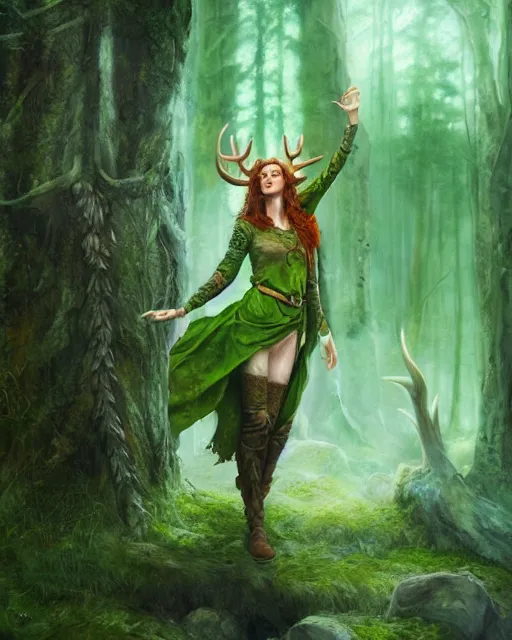 Prompt: female druid casting a spell, perfect face, thin antlers, green tunic, ginger hair, cinematic, freckles, stunning, highly detailed, digital painting, artstation, smooth, hard focus, illustration, art by jessica rossier and and brian froud