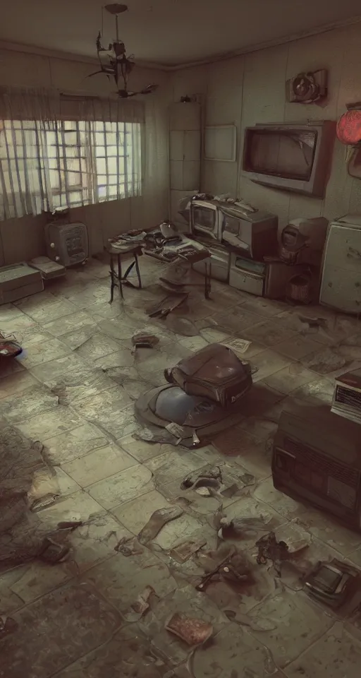 Image similar to artstation scifi scene of a shabby american room in 1 9 7 0 s, shabby room, old tv, tile floor, cabinets, cot, paneled walls, unreal engine 5, hyper realism, realistic shading, cinematic composition, blender render, octane render, hdr, detailed textures, photorealistic, wide shot