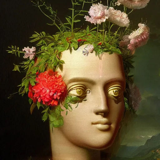 Prompt: a vaporwave painting by Thomas Cole of a robot head with flowers growing out, highly detailed