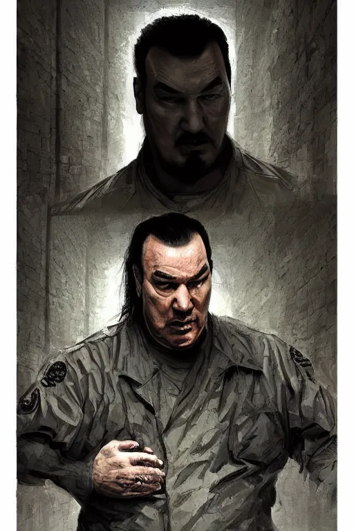 Image similar to sad steven seagal full body portrait in jail cell, cell bars, cell bars, cell bars, cell bars, cell bars, cell bars, intricate, highly detailed, digital painting, artstation, concept art, smooth, sharp focus, illustration, whimsical background by marc simonetti, artwork by liam wong