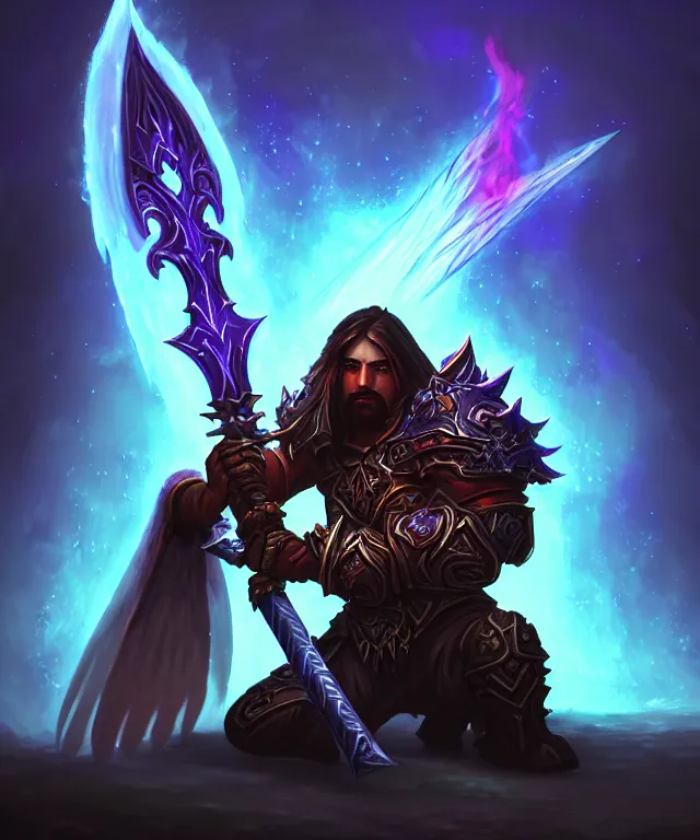 Prompt: dark world of warcraft blizzard weapon art, portrait of fallen man angel kneeling with a fiery sword, bokeh. dark art masterpiece artstation. 8k, sharp high quality illustration in style of Jose Daniel Cabrera Pena and Leonid Kozienko, violet colored theme, concept art by Tooth Wu