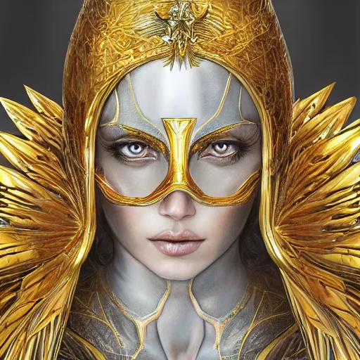 Image similar to a beautiful angel with a golden helmet wearing a silver armor with golden ornaments and diamonds jewelry, wings by alex gray and android jones, karol bak, ayami kojima, amano, concept art, character design, fantasy, 3 d, 8 k resolution