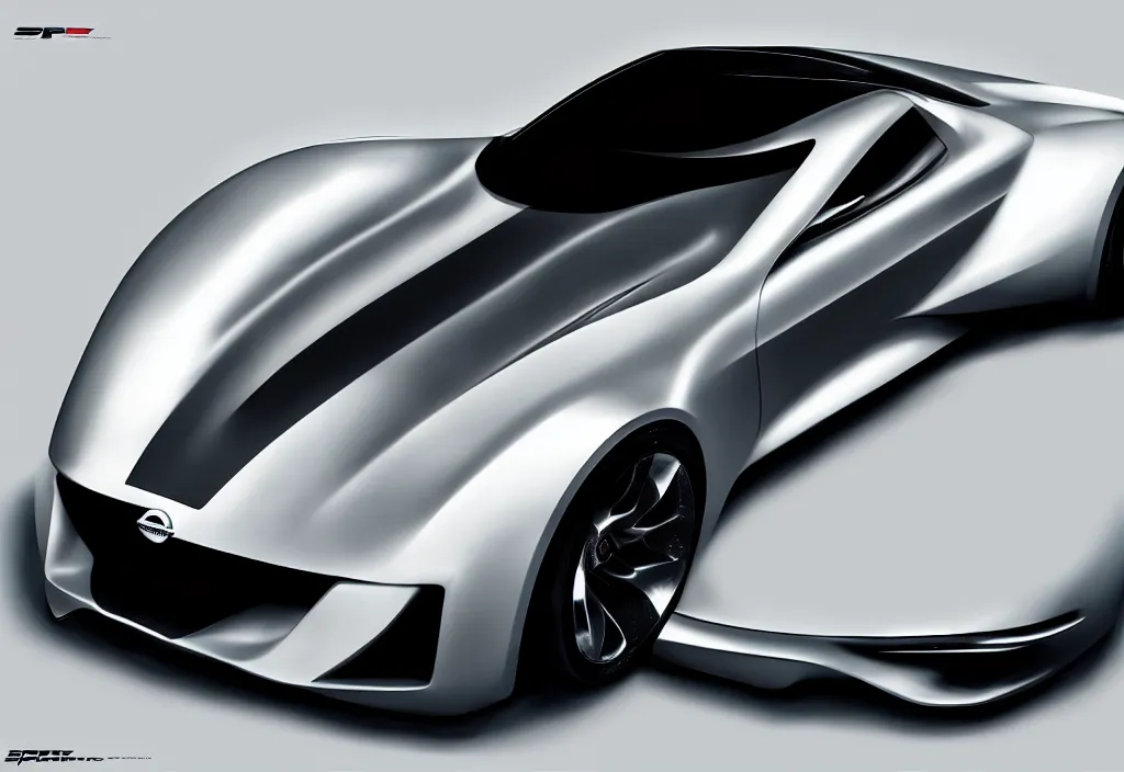 Image similar to a sports car design based on the nissan sports cars, concept car, photoreal, symmetry, by ash thorp