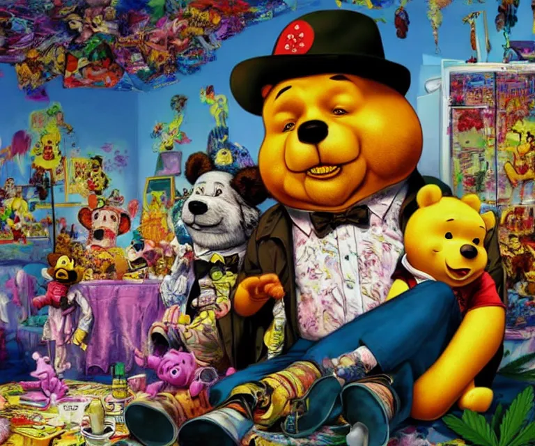 Image similar to hyperrealism fear and loathing in los vegas movie still photography of real detailed high xi jinping with detailed face with high winnie the pooh marijuana dmt lsd ecstacy cocaine hyperrealism photography by araki nobuyoshi, wlop, pixar