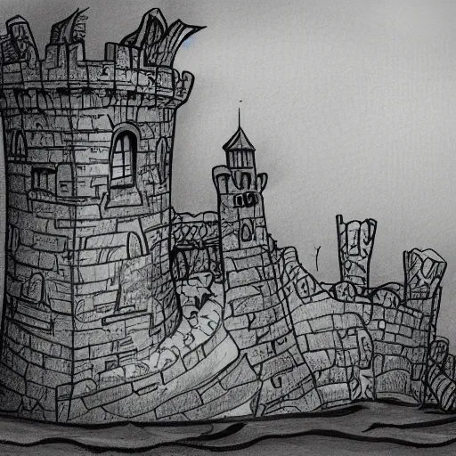 Image similar to castle half submerged in the sea, pencil sketch, comic art, digital art, black and white