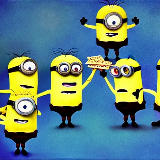 Prompt: painting of minions eating matzah, colorful background, trending on artstation