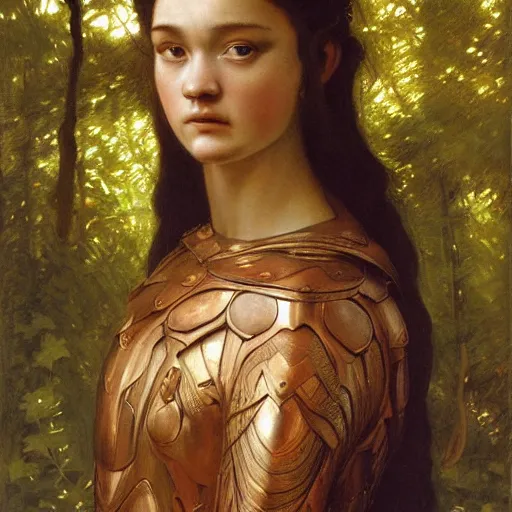 Image similar to a detailed, beautiful portrait oil painting of someone who looks a 1 8 - year old keisha castle hughes and gemma ward, with a hurt expression, wearing intricate, etched copper armor in an ancient forest, by donato giancola, john williams waterhouse, and william adolphe bouguereau