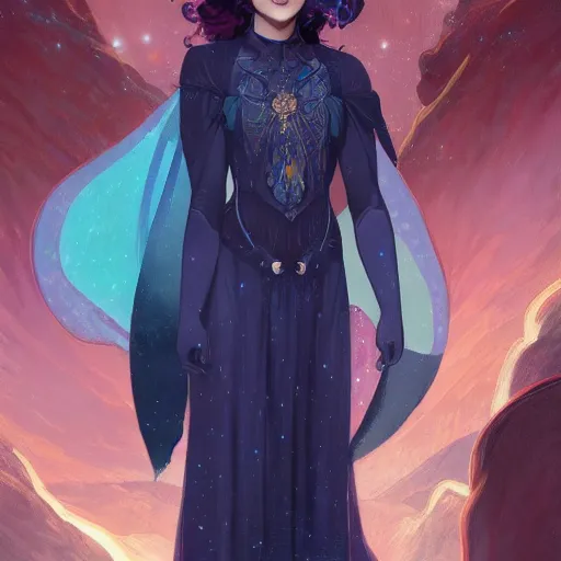 Image similar to a nonbinary changeling wearing a starry cloak, aurora colored hair, starry eyes, curious expression, character art, trending on artstation, 4k ultra hd, sharp focus, digital art by artgerm and greg rutkowski and alphonse mucha