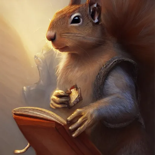 Image similar to a detailed portrait of a squirrel wizard holding an ancient book, by justin gerard and greg rutkowski, digital art, realistic painting, dnd, dungeons & dragons, character design, trending on artstation