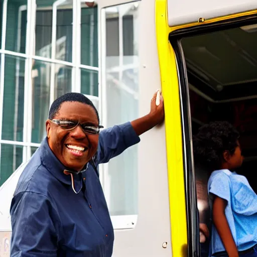 Image similar to African-American school bus driver smiling and waving at children as they exit a yellow school.