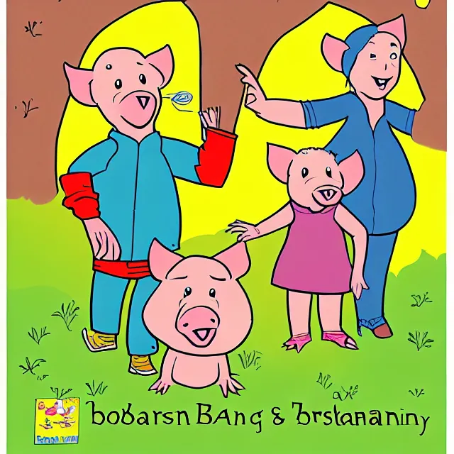 Prompt: children's book cover illustration for the boarenstain boars, cartoon boar family wearing clothing, in the style of stan and jan berenstain.