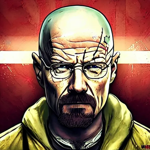 Image similar to Walter White as a Borderlands 2 character, drug dealer, game box cover art