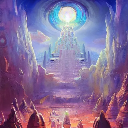Prompt: “Stunning painting of Great galactic temple, holy ritual celebration by concept art, digital art, ultra detailed, smooth, parallax vibrant color, HD Artstation, 8K Resolution”