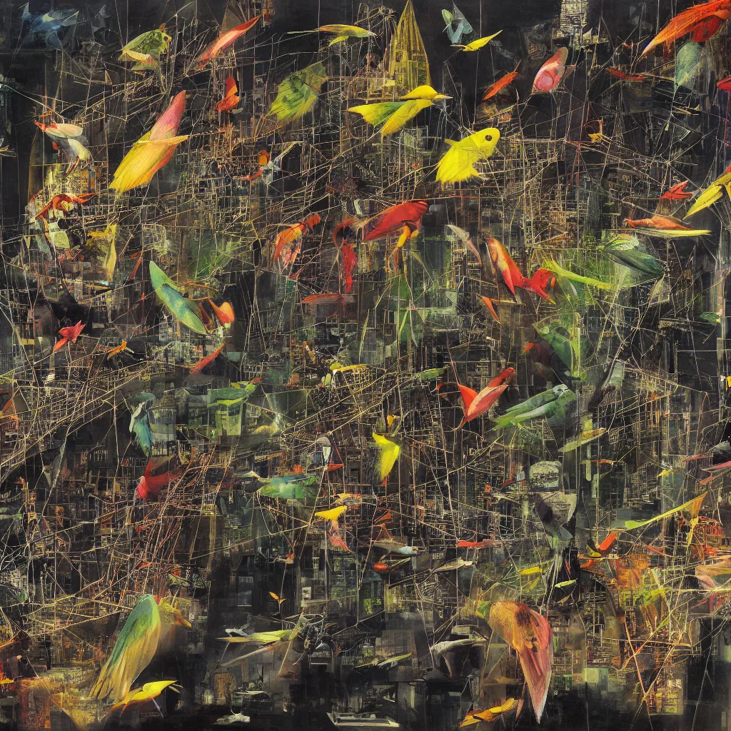 Image similar to digital birds fly over a progressively rasterized city of neon virtual networks and information visualization, oil on canvas by dave mckean and roberto matta