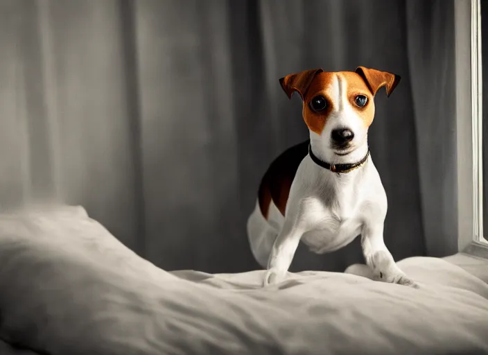 Image similar to photography of a Jack Russel . watching outside the window. on a bed. in a vintage room full of vinyls and posters.,volumetric light, photorealistic,, award winning photo, 100mm, sharp, high res