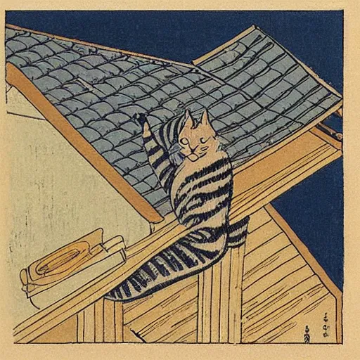 Image similar to “ a cat on a hot tin roof, by hokusai ”