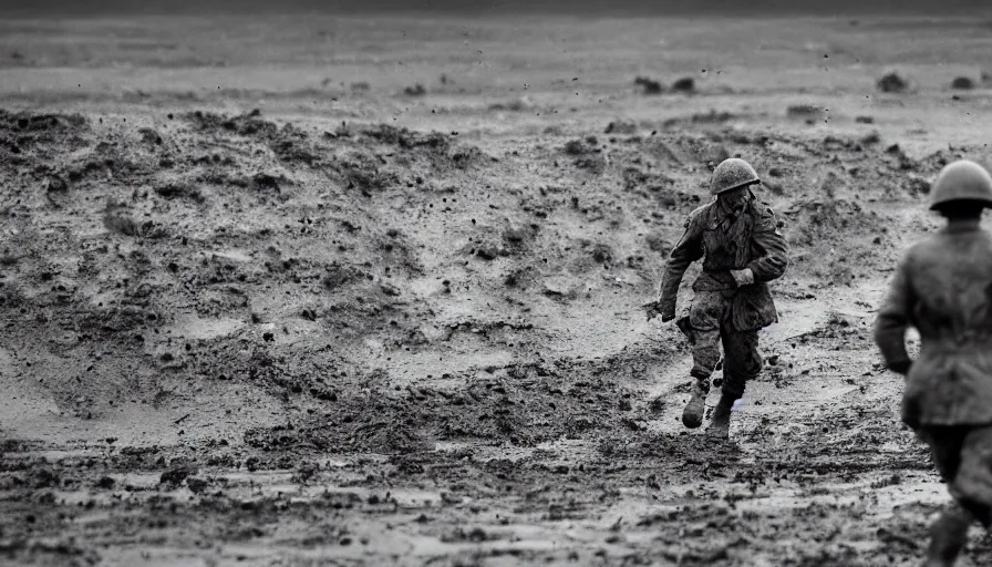 Image similar to screaming World War 1 soldier running across No Mans Land, wartorn landscape, lots of mud puddles and craters, dirty lens, cinematic lighting, IMAX cinematography, 35mm