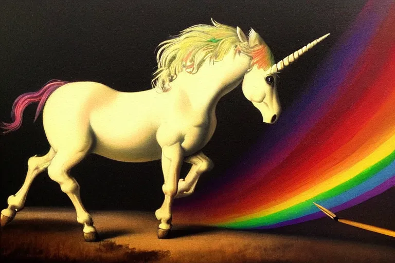 Image similar to detailed traditional painting of a unicorn walking on a rainbow, ((rainbow)) by Caravaggio, authentic, masterpiece, brush strokes, trending on artstation