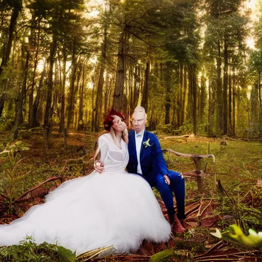 Image similar to a hyperrealistic photo of melynda moon, sitting in a colorful forest during the sunrise, wearing a long rainbow wedding gown