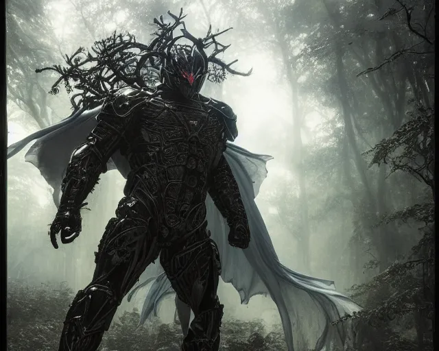 Image similar to 5 5 mm portrait photo of an armored demonic superman in a magical forest. magical atmosphere. art by greg rutkowski and luis royo. highly detailed 8 k. intricate. lifelike. soft light. nikon d 8 5 0.