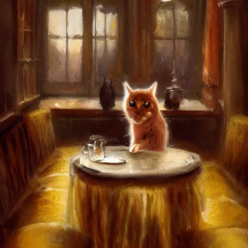 Image similar to brown cat with yellow eyes is sitting at table in a cafe at paris in early 2 0 th century. atmospheric feeling, warm colours, brown colours, yellow colours, epic scene, cinematic, very detailed, concept art, trending on artstation