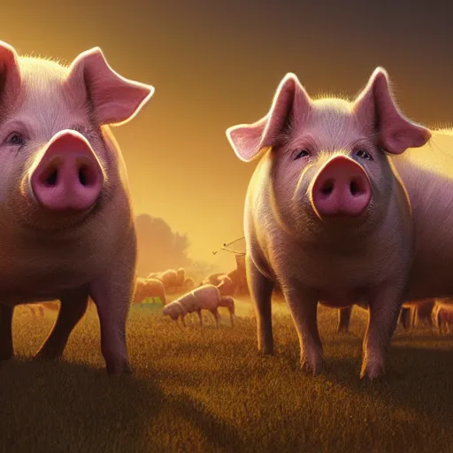 Image similar to an epic painting of the team of pigs wearing gold crowns, oil on canvas, golden hour, perfect composition, golden ratio, beautiful detailed, photorealistic, digital painting, artstation, concept art, smooth, sharp focus, illustration, fantasy background, artstation trending, octane render, unreal engine