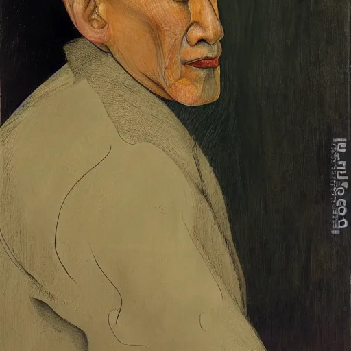 Image similar to detailed portrait of an asian man, 3 0 s, by lucian freud, francis bacon, grant wood