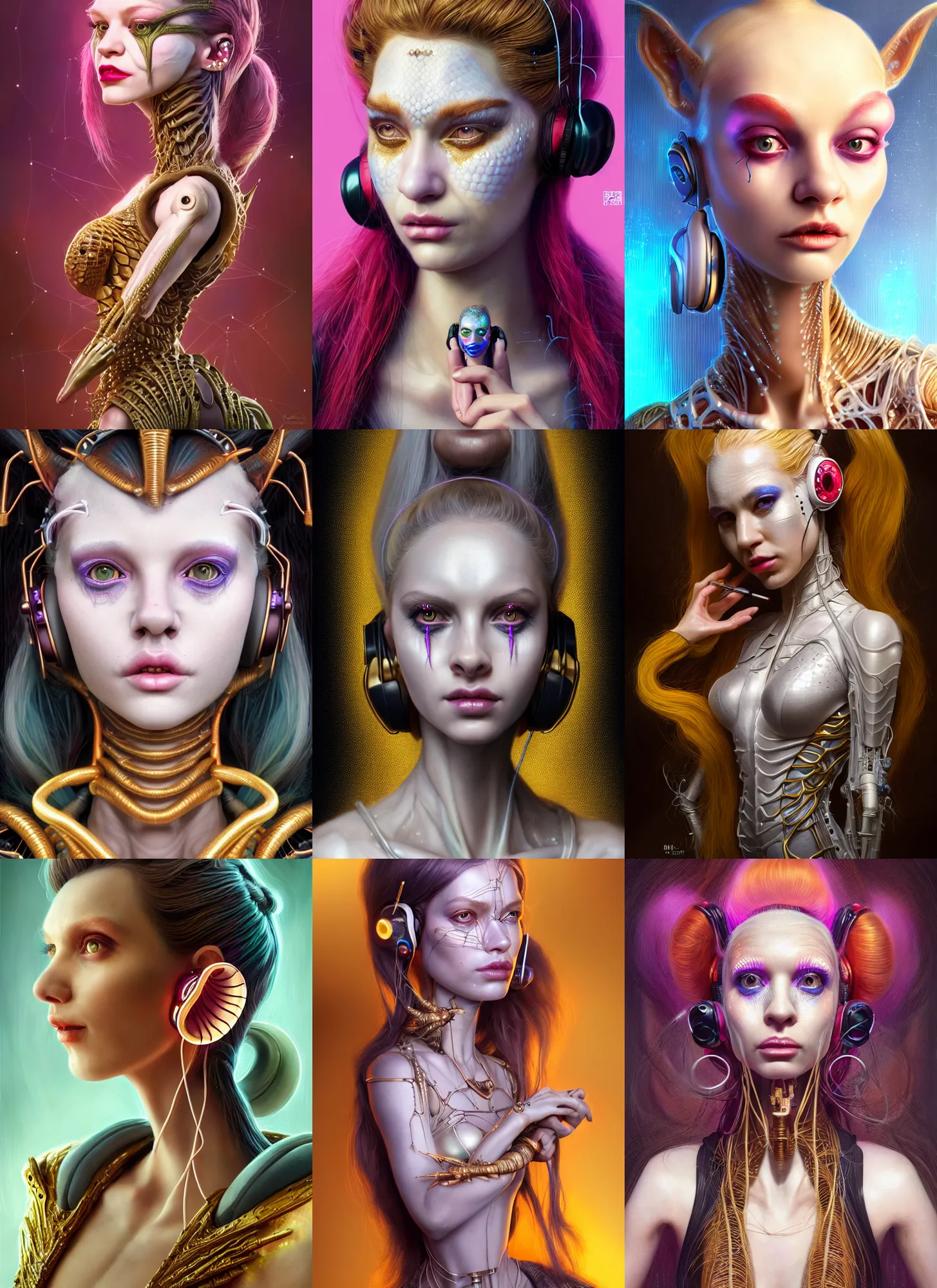 Prompt: disney weta portrait, soft lustrous biotech raver white clowncore reptilian cyborg woman, earbuds, golden ratio, sci - fi, fantasy, cyberpunk, intricate, decadent, highly detailed, digital painting, ever after high, octane render, artstation, concept art, smooth, sharp focus, illustration, art by artgerm, loish, wlop