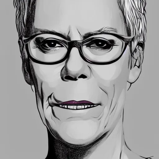 Prompt: jamie lee curtis, full body, tired, serious, intelligent, powerful, white hair, fully clothed, wise, beautiful, by david mack, soft lighting, trending on artstation, flat colour