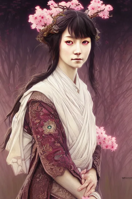 Prompt: Portrait of japanese llama, D&D, dark fantasy, anthro portrait, sakura blooming on background, intricate, elegant, highly detailed, digital painting, artstation, concept art, smooth, sharp focus, illustration, art by artgerm and greg rutkowski and alphonse mucha, daily deviation