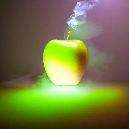 Prompt: an apple with glowing green smoke coming out of it, dramatic lighting