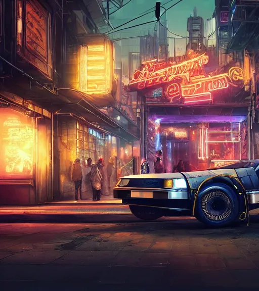 Image similar to steampunk delorean in a cyberpunk city, neon signs, futuristic, realistic, 8 k, extremely detailed, cgi, trending on artstation, hyper - realistic render, 4 k hd wallpaper, premium prints available, by greg rutkowski