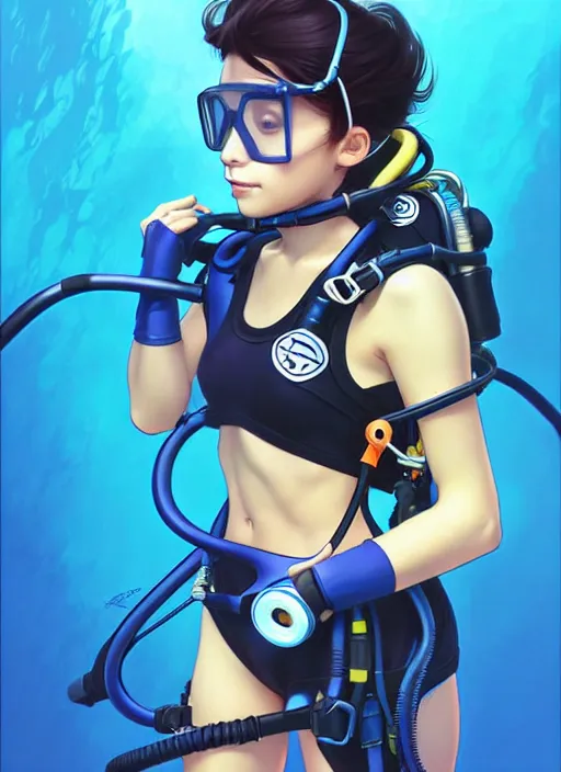 Image similar to cute scuba diver, natural lighting, path traced, highly detailed, high quality, digital painting, by don bluth and ross tran and studio ghibli and alphonse mucha, artgerm