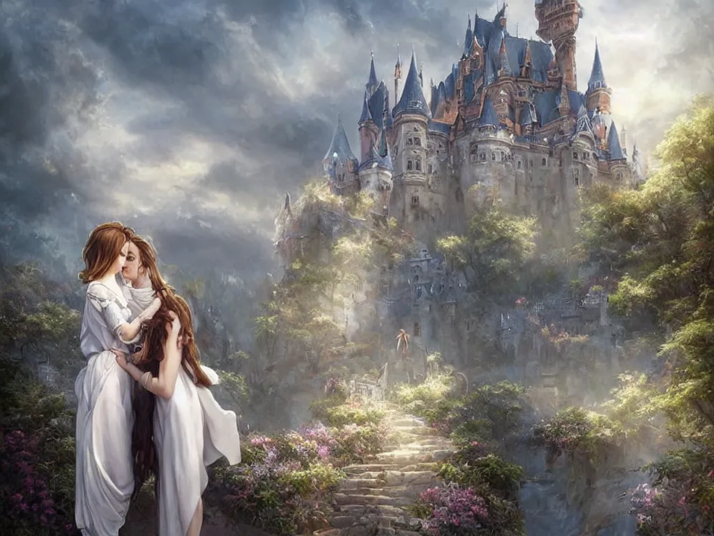 Prompt: beautiful woman in a white blouse hugging an prince, goddess, blurry castle backround, sunny, fine art, awesome fantasy book cover on Pinterest, award winning, dark fantasy landscape, fantasy magic, intricate, elegant, sharp focus, cinematic lighting, highly detailed, digital painting, concept art, art by WLOP and Artgerm and Greg Rutkowski, masterpiece, trending on artstation, 8K