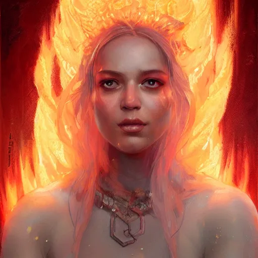 Image similar to a beautiful portrait of a fire goddess, flaming background, a detailed painting by greg rutkowski and raymond swanland, featured on cgsociety, fantasy art, detailed painting, artstation hd, photorealistic