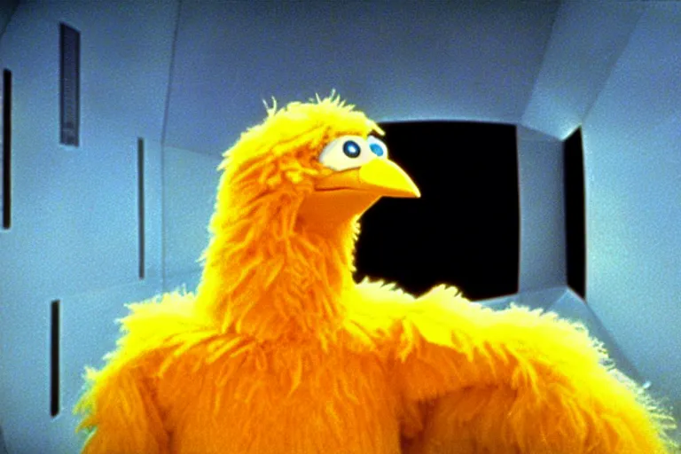 Prompt: 70mm still of Big Bird in 2001 A Space Odyssey, high quality