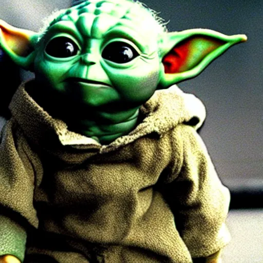 Prompt: a film still of baby yoda wearing 1 9 9 0 s hip hop clothing realistic, detailed