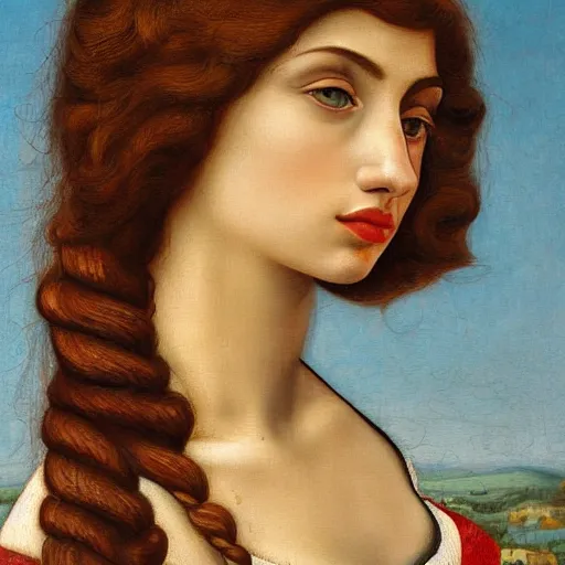 Prompt: a detailed profile portrait oil painting of a very young italian woman resembling scarlett johansson and ana de armas, in the style of boticelli's young woman in mythological guise, by boticelli and davinci