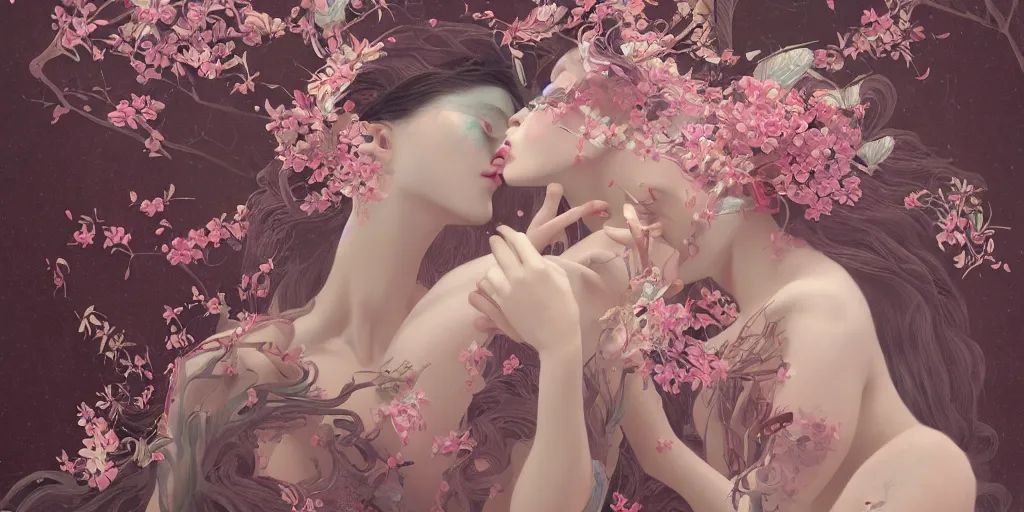 Image similar to breathtaking detailed girl body concept art painting art deco pattern of birds goddesses amalmation flowers, by hsiao - ron cheng, bizarre compositions, exquisite detail, extremely moody lighting, 8 k, art nouveau, old chines painting