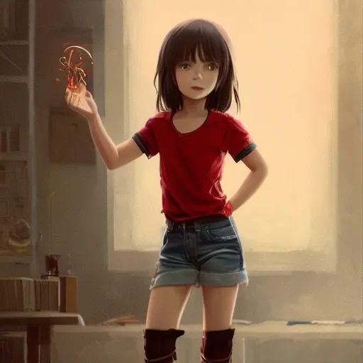 Prompt: Full body, clothed. realistic style at CGSociety by WLOP, Ilya kuvshinov, Krenz Cushart, Greg Rutkowski, trending on artstation. Realistic fantasy cute indigenous brunette Pixar-style young girl, expressing joy, silky hair, wearing a red-sleeved white t-shirt with jeans, she has fire powers, Cinematic dramatic atmosphere of a mystic forest, sharp focus, soft volumetric studio lighting.