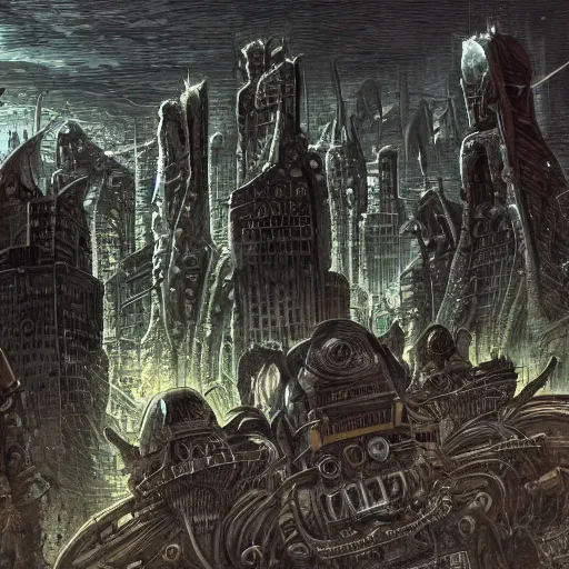 Image similar to Aliens invading a city by Keith Thompson, eerie, horror, scary, ominous, 8k, highly detailed