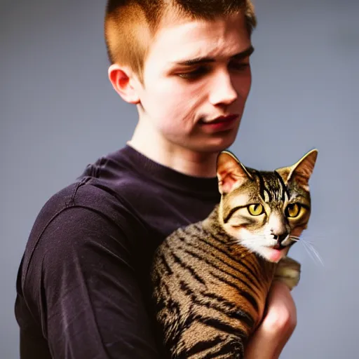 Image similar to a young man with a cat sitting on top of his head