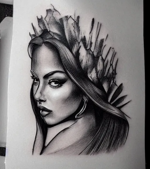 Prompt: tattoo design sketch of a very beautiful woman face against a background of beautiful mountains and nature, hyper - realistic, in the style of den yakovlev, amazing detail, black and white