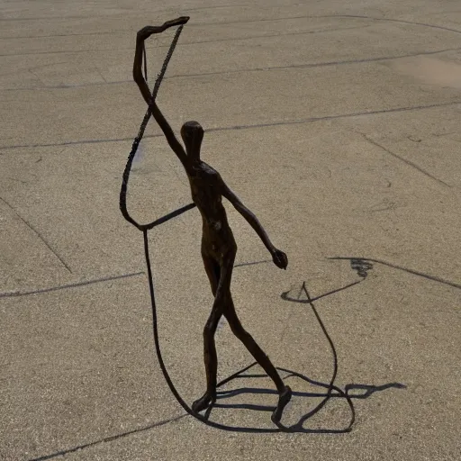 Image similar to high resolution photograph of a bronze cast stick figure sculpture in a roundabout in the style of giacometti
