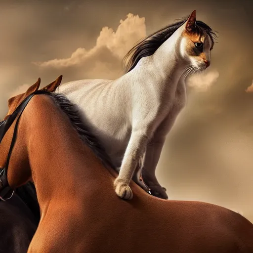 Image similar to a cat riding on a horses back, photorealistic art, high definition