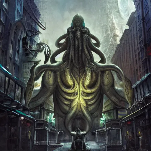 Prompt: high quality concept art of many huge statues of cthulhu in downtown, crowded people, dark fantasy, highly detailed, cinematic lighting