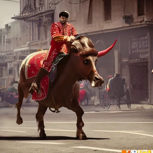 Prompt: the greatest matador to ever live at a fruit and vegetable market, cinematic quality, high octane, splash art, movie still, cinematic lighting, ray tracing, detailed face, octane render, long lens, shallow depth of field, bokeh, anamorphic lens flare, 8 k, hyper detailed, 3 5 mm film grain